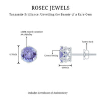 Natural 1 Carat Tanzanite crown stud earrings with screw back from Rosec Jewels, showcasing sparkling blue gemstones and elegant design.