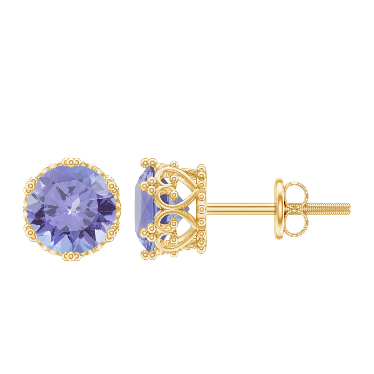 Natural 1 Carat Tanzanite crown stud earrings with screw back from Rosec Jewels, featuring vibrant blue-purple gemstones.