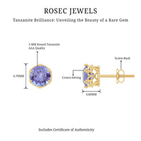 Natural 1 Carat Tanzanite crown stud earrings with screw back from Rosec Jewels, featuring vibrant blue-purple gemstones and elegant design.