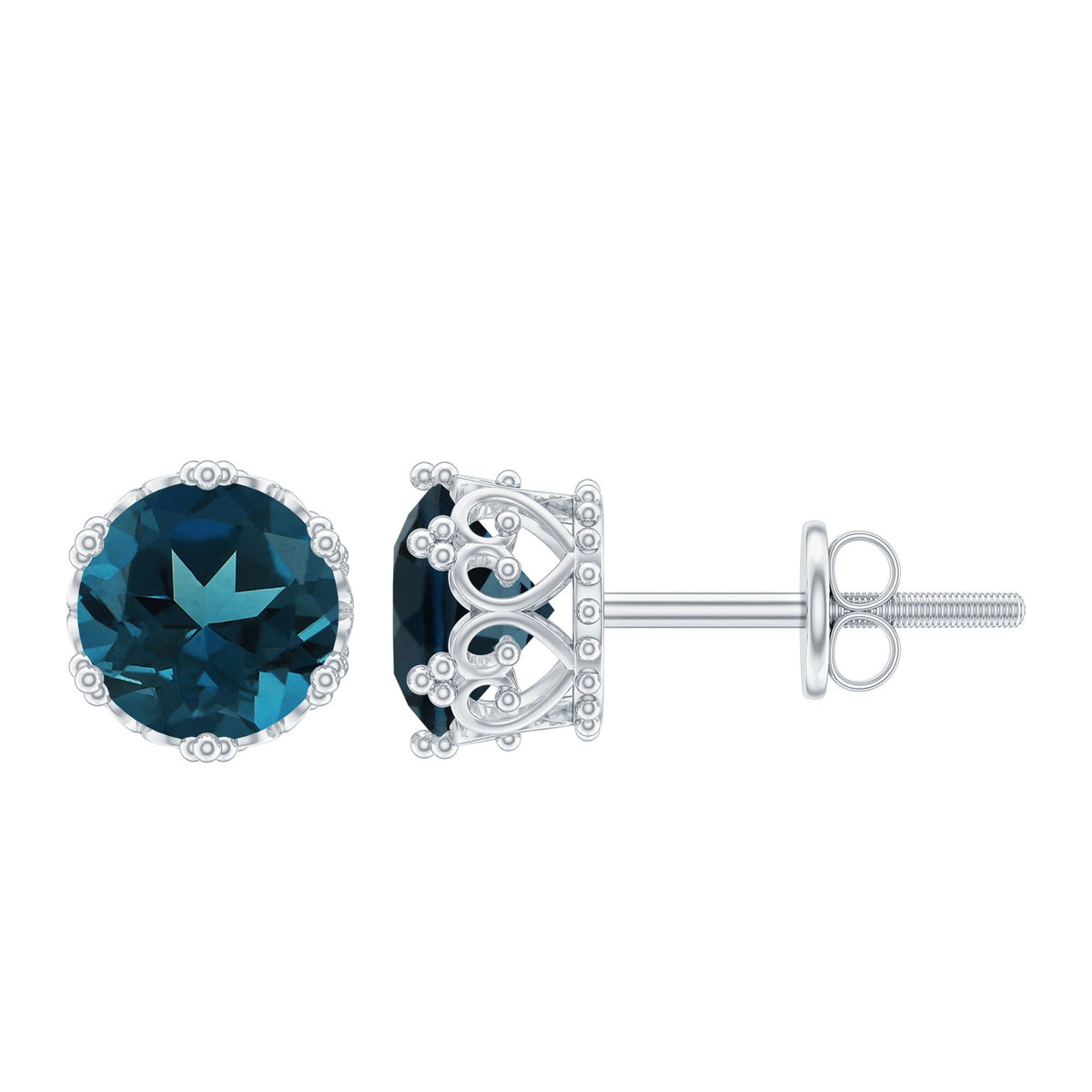 Round cut 2.7 carat London Blue Topaz crown stud earrings by Rosec Jewels, showcasing sparkling blue gemstone and elegant design.