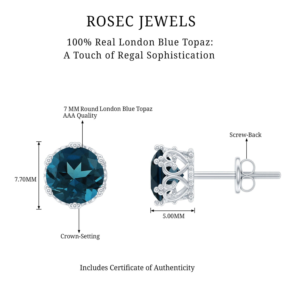 Round cut London Blue Topaz crown stud earrings by Rosec Jewels, showcasing vibrant blue gemstones and elegant metal settings.