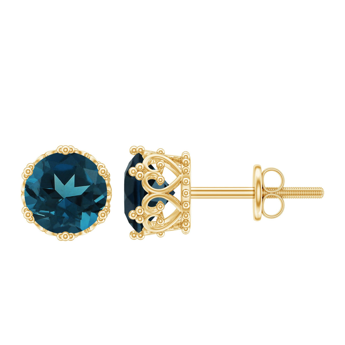Round cut London Blue Topaz crown stud earrings by Rosec Jewels, showcasing sparkling blue gemstones on silver settings.