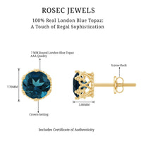 Round cut London Blue Topaz crown stud earrings by Rosec Jewels, featuring 2.7 carats of vibrant blue gemstones.