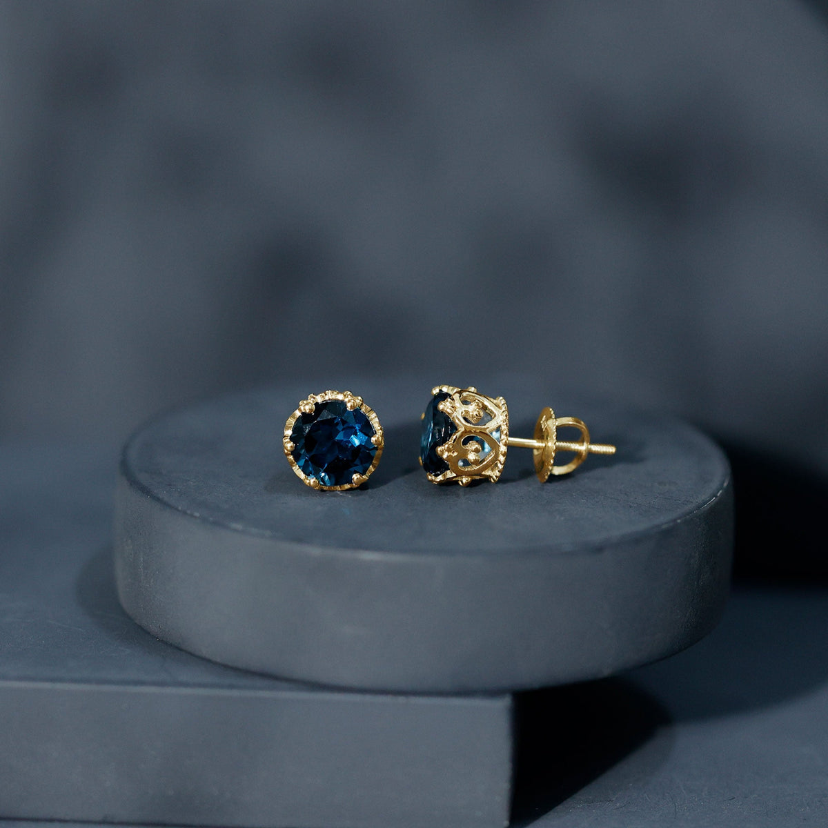 Rosec Jewels 2.7 carat round cut London Blue Topaz crown stud earrings, elegant jewelry with sparkling blue gemstones