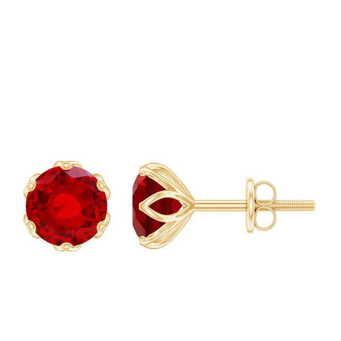 Round cut 2.7 carat lab-created ruby stud earrings for women by Rosec Jewels, showcasing sparkling red gemstones.