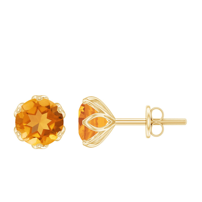 Rosec Jewels 6mm Lotus Basket Solitaire Citrine Stud Earrings, featuring bright yellow citrine gemstones in a detailed basket setting.