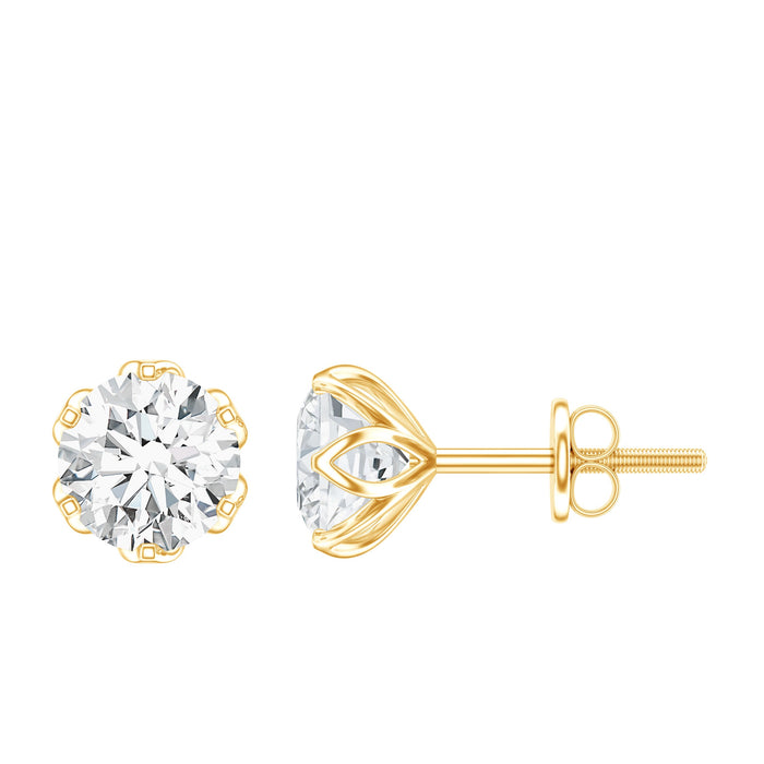 Moissanite solitaire stud earrings in lotus basket setting by Rosec Jewels, featuring sparkling gemstone and elegant design.