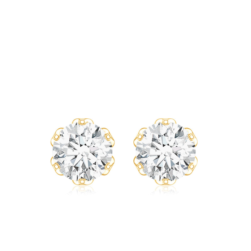 Moissanite solitaire stud earrings in lotus basket setting by Rosec Jewels, showcasing sparkling gemstones in a classic style.