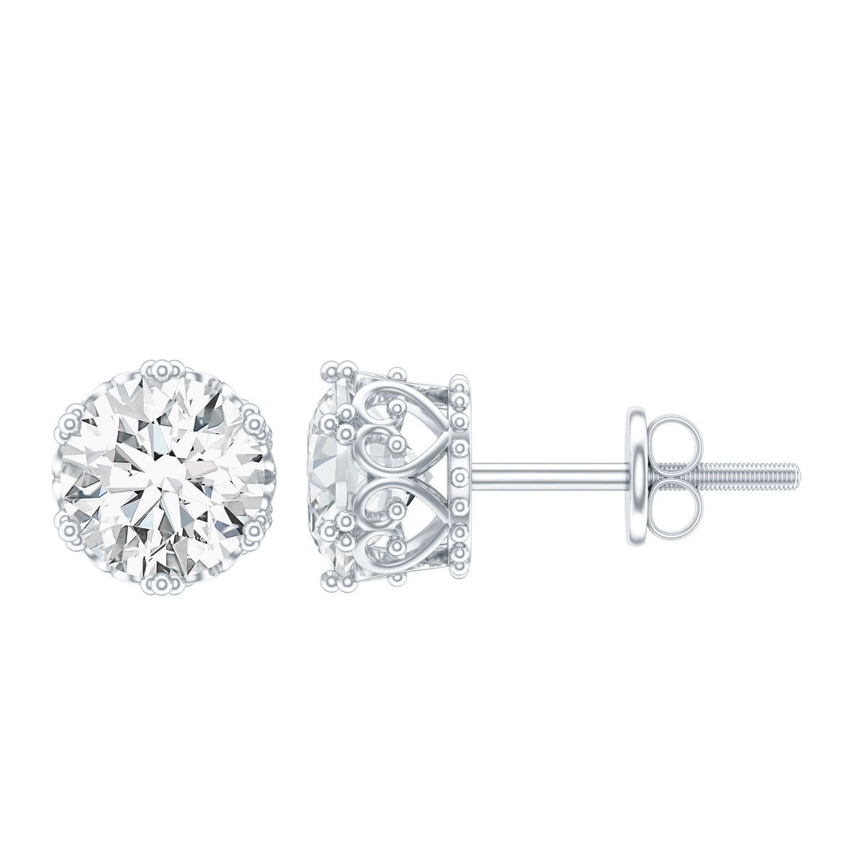 Round 1.97 carat Moissanite stud earrings in a crown setting by Rosec Jewels, showcasing sparkling brilliance and elegant design.