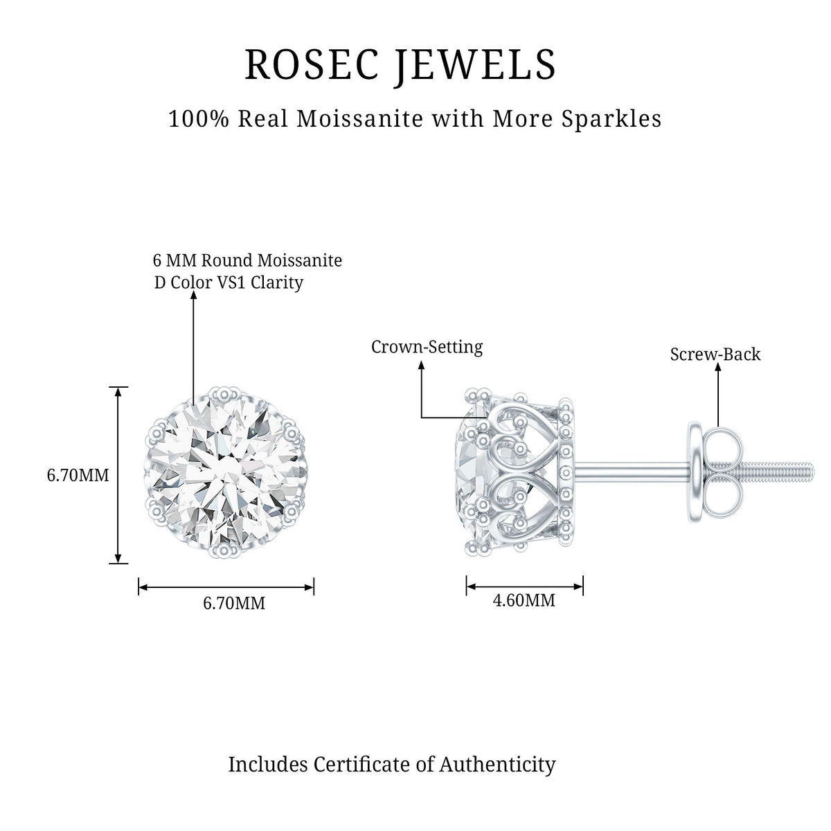 Round 1.97 Carat Moissanite stud earrings in crown setting by Rosec Jewels, featuring sparkling gemstone and elegant design.