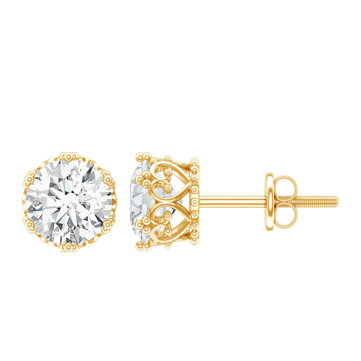 Round shape 1.97 carat moissanite stud earrings in crown setting by Rosec Jewels, close-up view of sparkling earrings.
