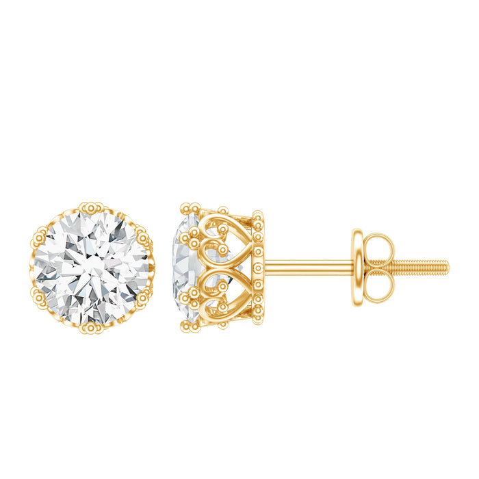 Round shape 1.97 carat moissanite stud earrings in crown setting by Rosec Jewels, close-up view of sparkling earrings.