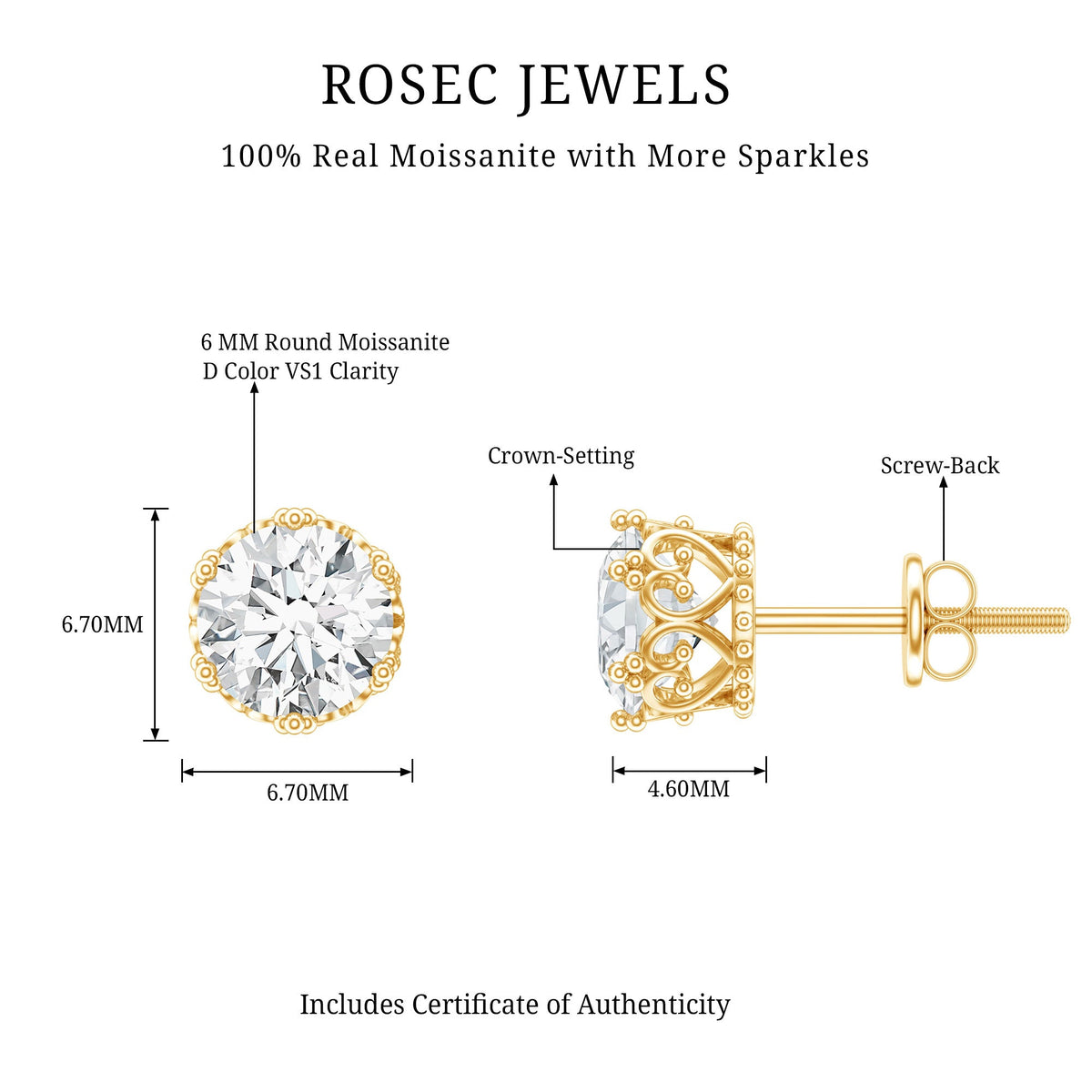 Round 1.97 carat Moissanite stud earrings in crown setting by Rosec Jewels, featuring sparkling round cut stones.