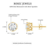 Round 1.97 carat Moissanite stud earrings in crown setting by Rosec Jewels, featuring sparkling round cut stones.