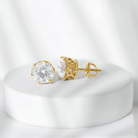 Round 1.97 carat Moissanite stud earrings in crown setting by Rosec Jewels, showcasing sparkling gemstone and elegant design.
