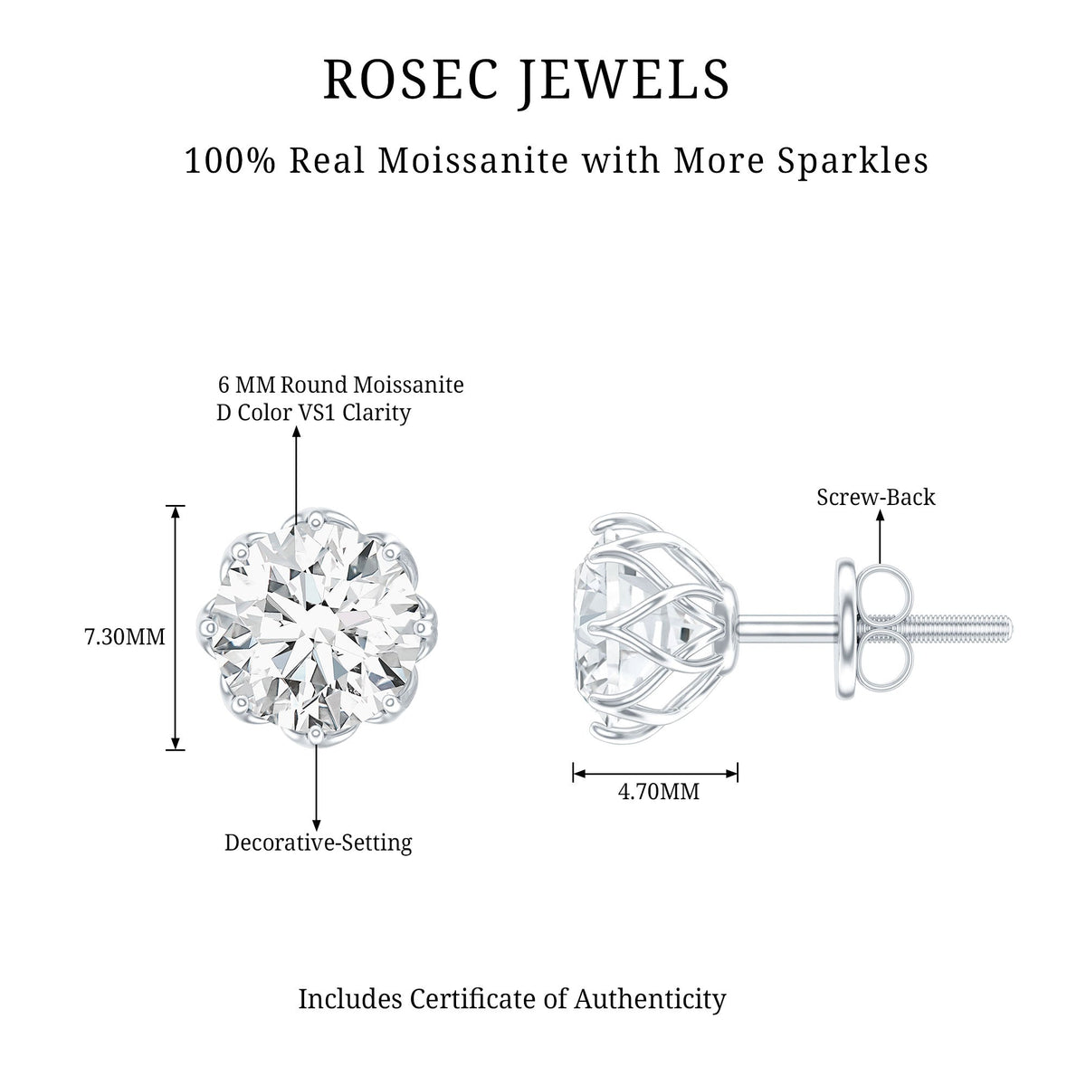 Certified 1.9 carat moissanite solitaire stud earrings by Rosec Jewels, featuring brilliant cut stones and a classic design.