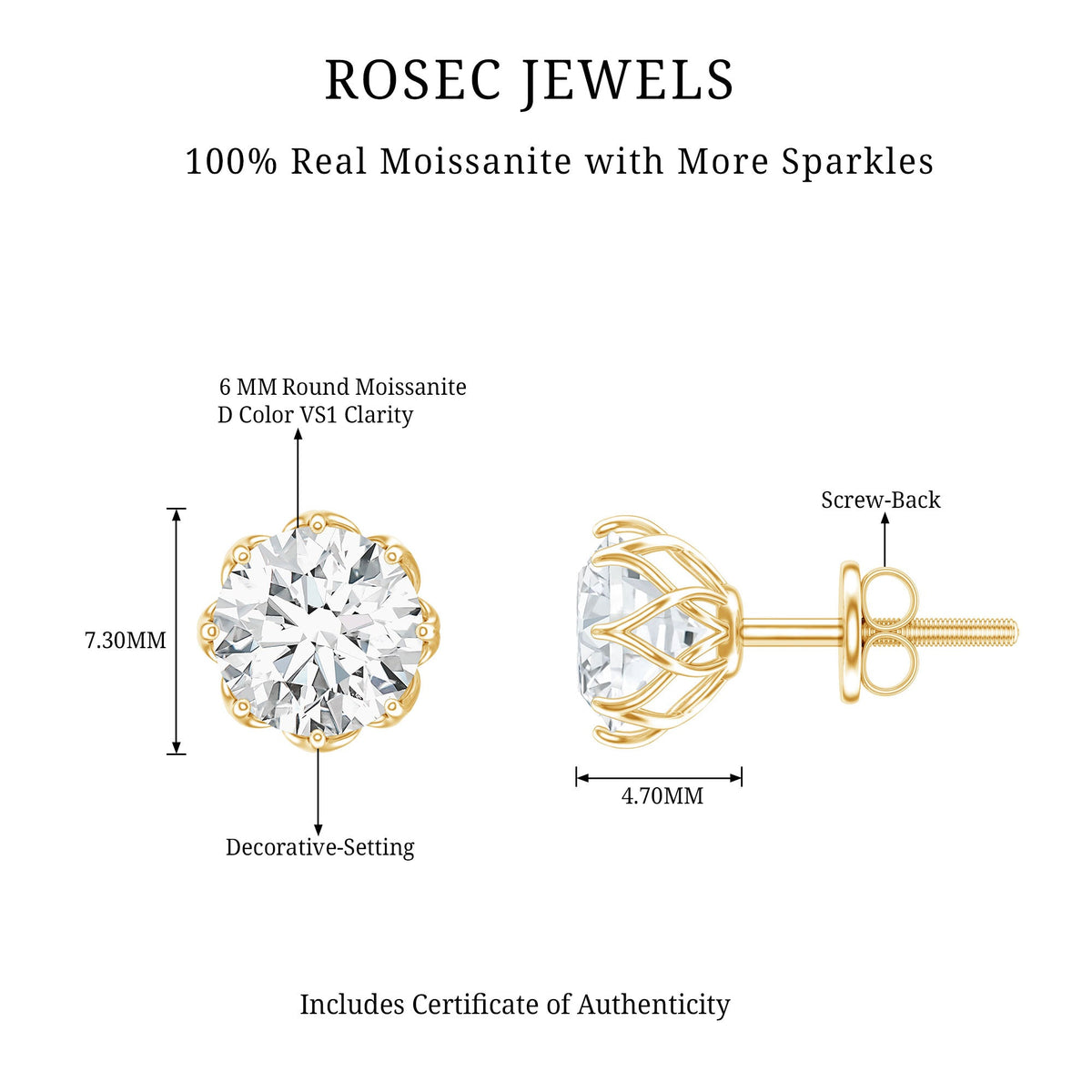 Certified brilliant cut 1.9 carat Moissanite solitaire stud earrings by Rosec Jewels, showcasing sparkling gemstone and classic design.