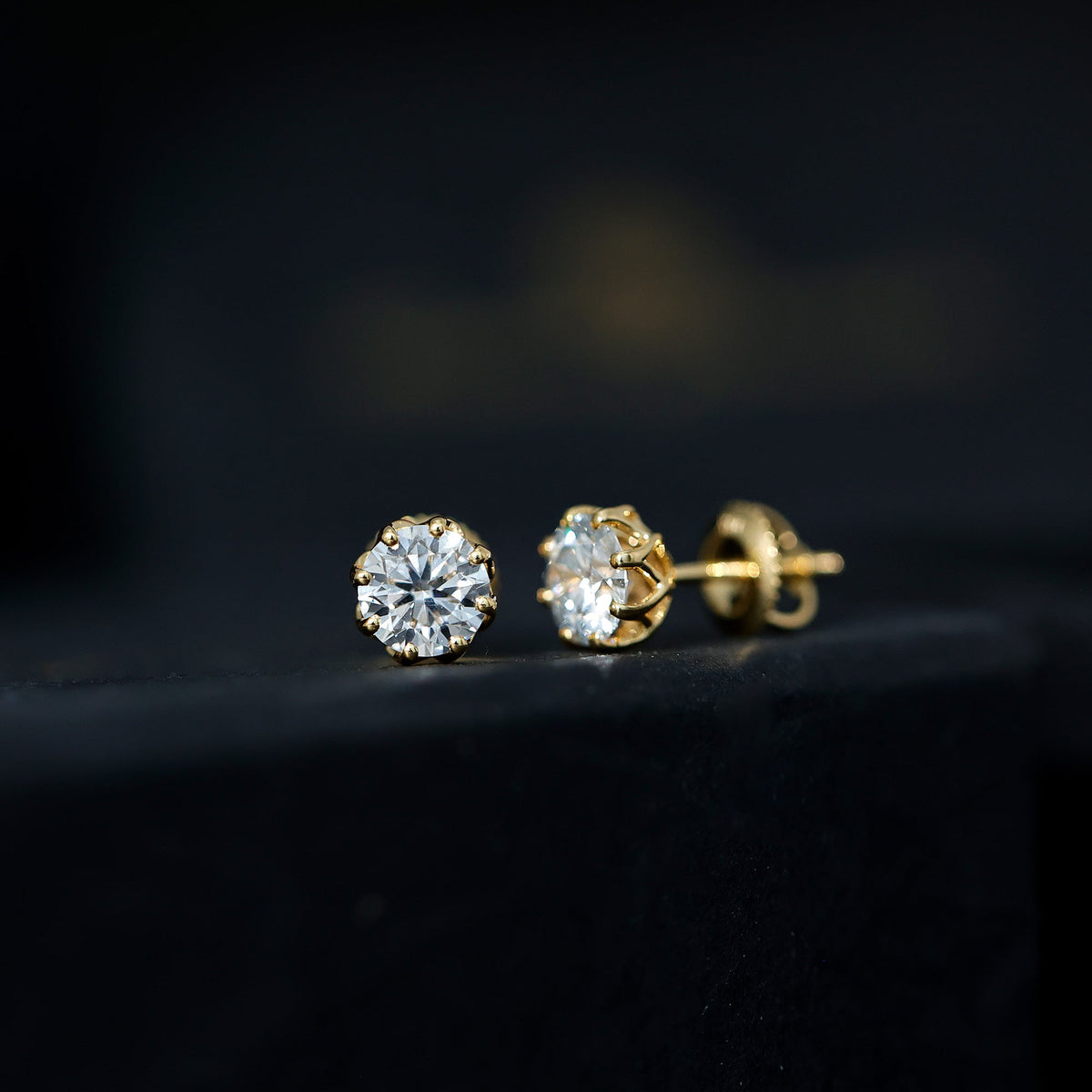 Rosec Jewels certified brilliant cut 1.9 carat moissanite solitaire stud earrings, showcasing sparkling gemstone set in classic earrings