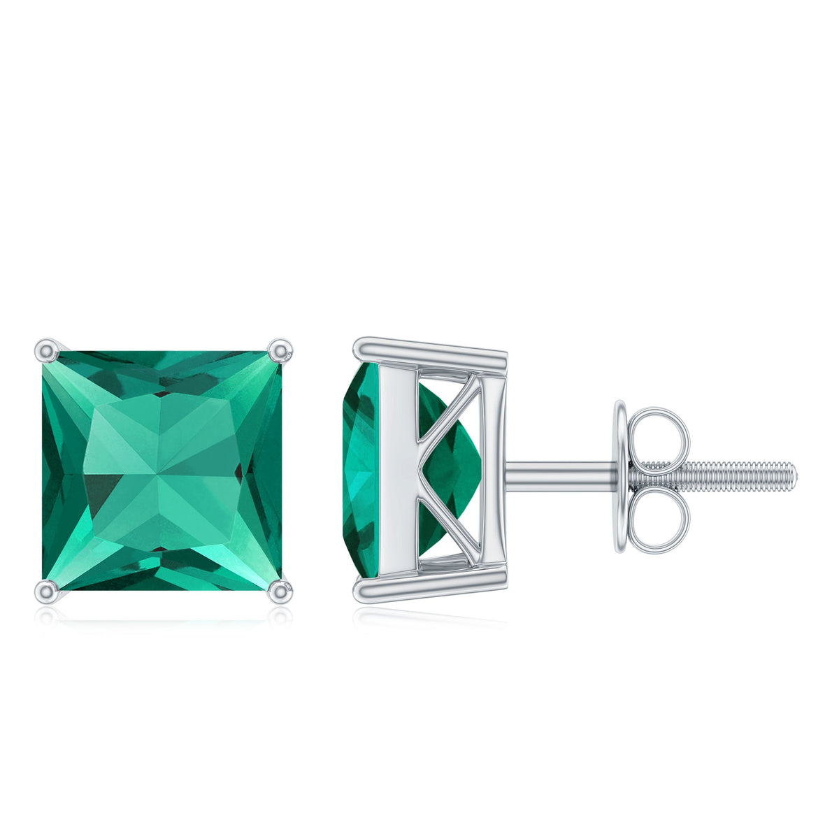 4 Carat Princess Cut Lab Grown Emerald Solitaire Stud Earrings