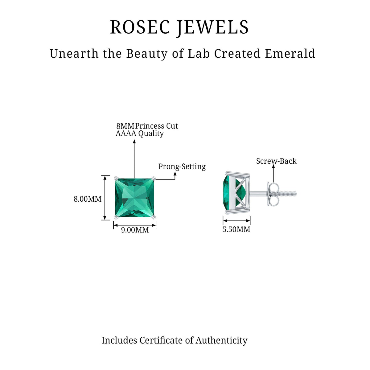 4 Carat Princess Cut Lab Grown Emerald Solitaire Stud Earrings