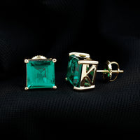 4 Carat Princess Cut Lab Grown Emerald Solitaire Stud Earrings