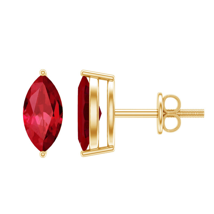 Marquise cut lab grown ruby stud earrings by Rosec Jewels featuring 1.5 carats of vibrant red gemstones.