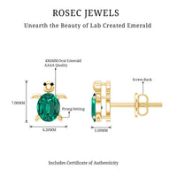 1 Carat Oval Shape Lab Created Emerald Cute Turtle Stud Earrings