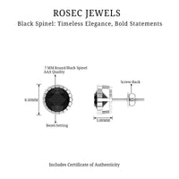 Rosec Jewels black spinel stud earrings, 3 carats round shape with certificate, showcasing elegant jewelry design.