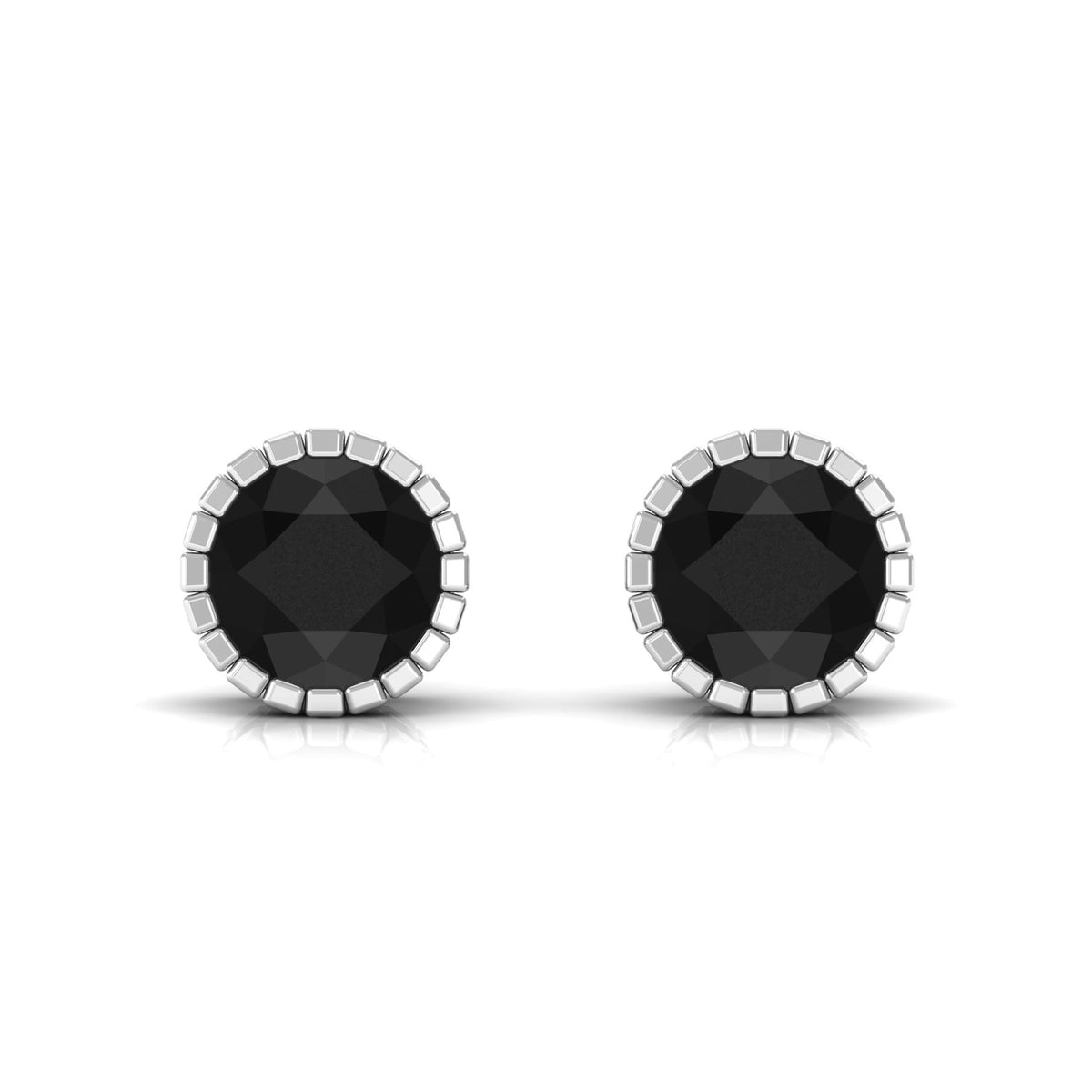Rosec Jewels real 3 carat round black spinel stud earrings with certificate, featuring polished black gemstones on sterling silver posts.