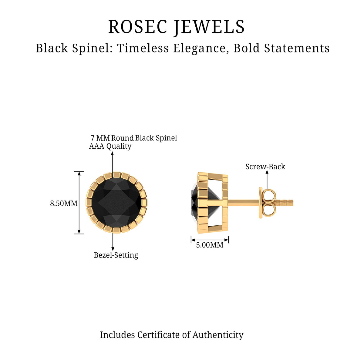 Rosec Jewels real 3 carat round black spinel stud earrings with certificate, featuring sparkling black gemstones.