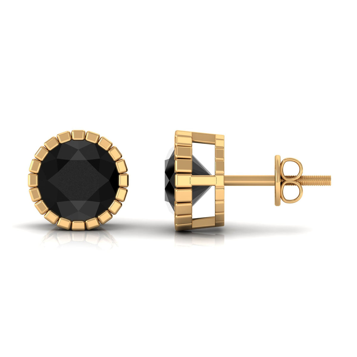 Real 3 Carat round black spinel stud earrings by Rosec Jewels, showcasing the shiny black gemstones and classic earring design.