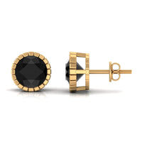 Real 3 Carat round black spinel stud earrings by Rosec Jewels, showcasing the shiny black gemstones and classic earring design.