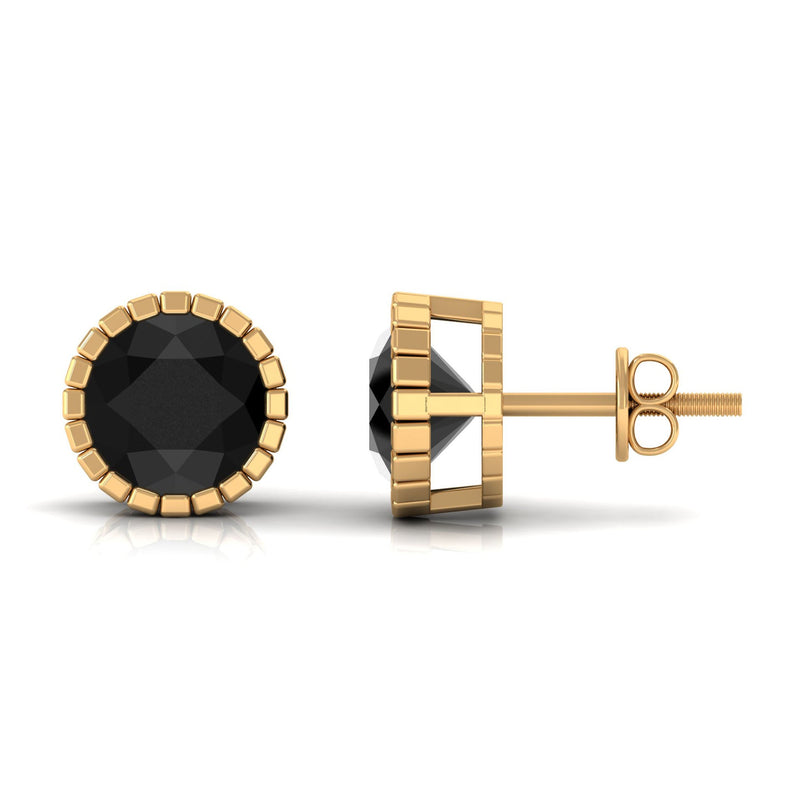 Real 3 Carat round black spinel stud earrings by Rosec Jewels, showcasing the shiny black gemstones and classic earring design.