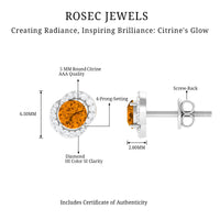 Round Citrine and Diamond Stud Earrings by Rosec Jewels featuring sparkling yellow citrine and white diamonds on a classic earring setting.