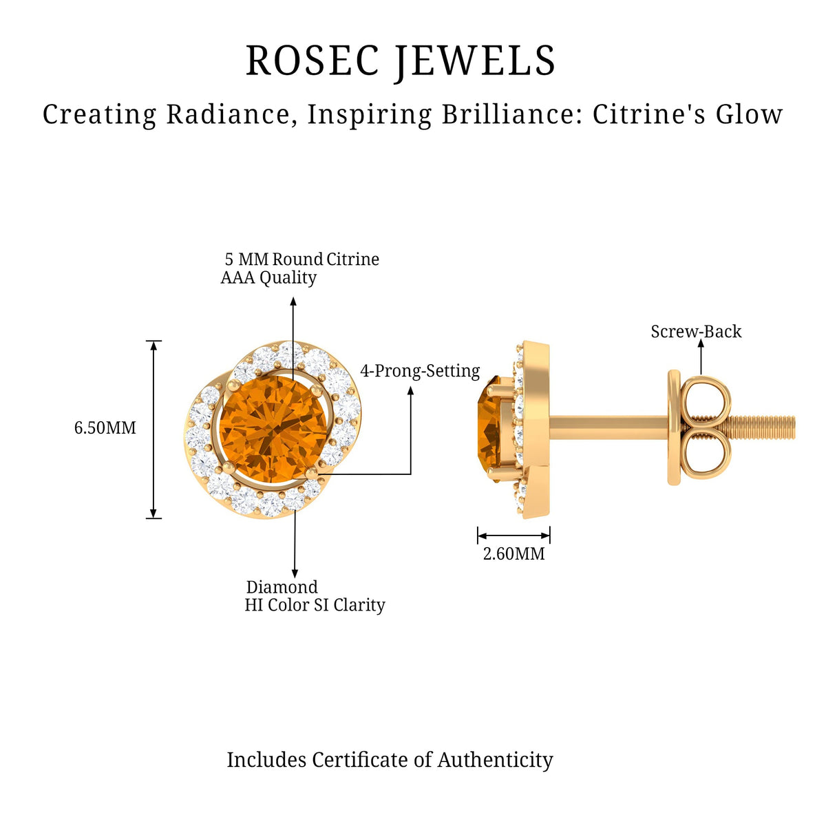 Round citrine and diamond stud earrings by Rosec Jewels, featuring sparkling gemstones set in elegant earring design.