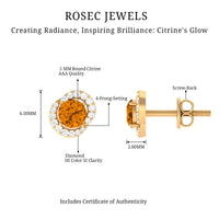 Round citrine and diamond stud earrings by Rosec Jewels, featuring sparkling gemstones set in elegant earring design.