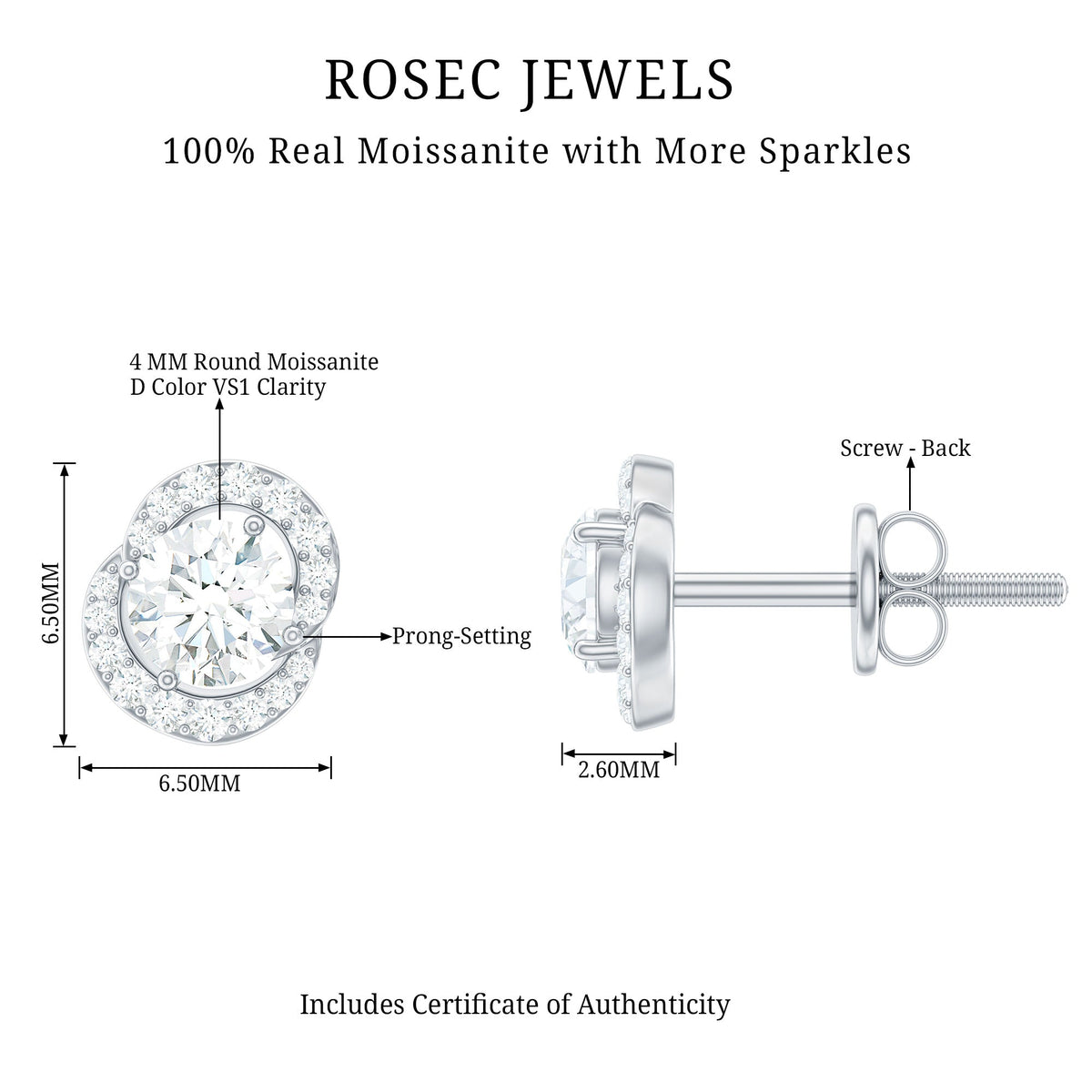 Certified Moissanite Everyday Stud Earrings with Screw Back