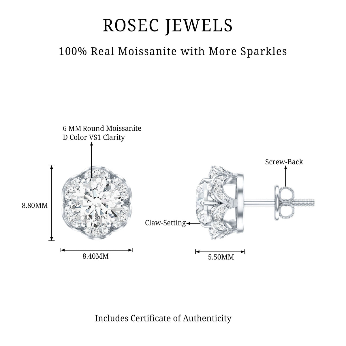 Certified 2 Carat Moissanite Flower Stud Earrings