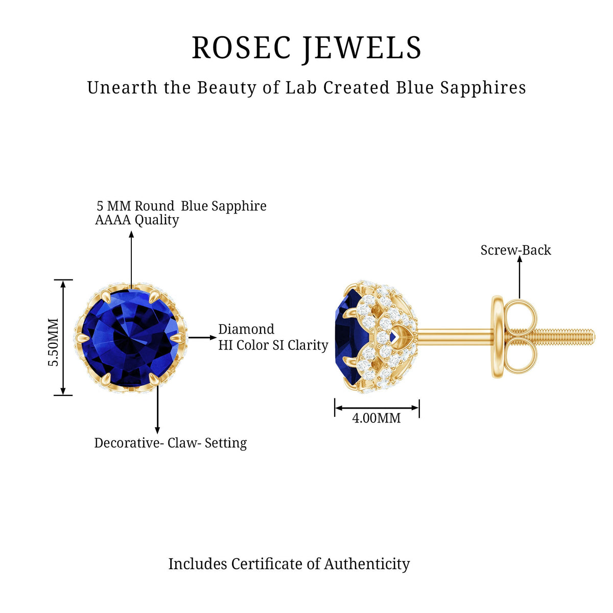 Solitaire Lab Created Blue Sapphire Stud Earrings with Diamonds