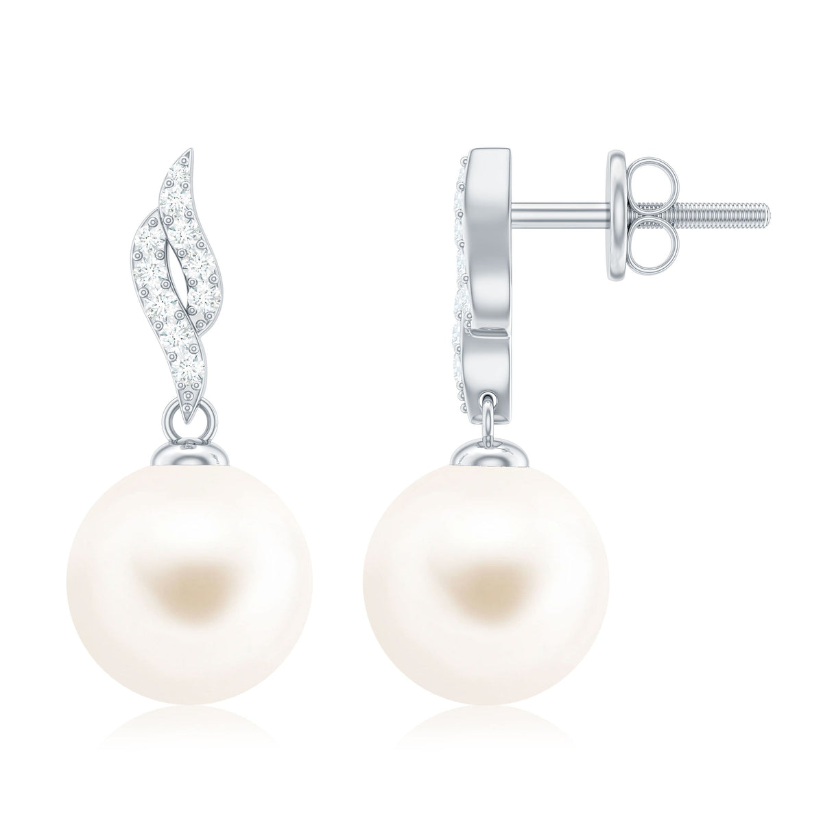 Rosec Jewels 14.9 carat freshwater pearl and diamond drop earrings with certificate, featuring elegant pearl and sparkling diamond accents.