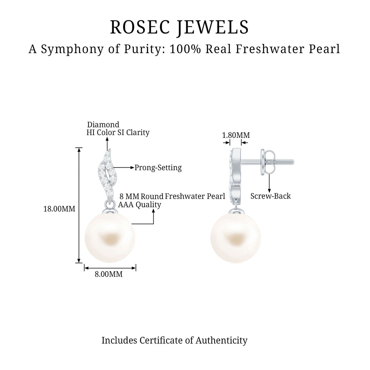 Rosec Jewels 14.9 carat genuine freshwater pearl and diamond drop earrings with certificate, showcasing elegant jewelry design.