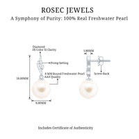 Rosec Jewels 14.9 carat genuine freshwater pearl and diamond drop earrings with certificate, showcasing elegant jewelry design.