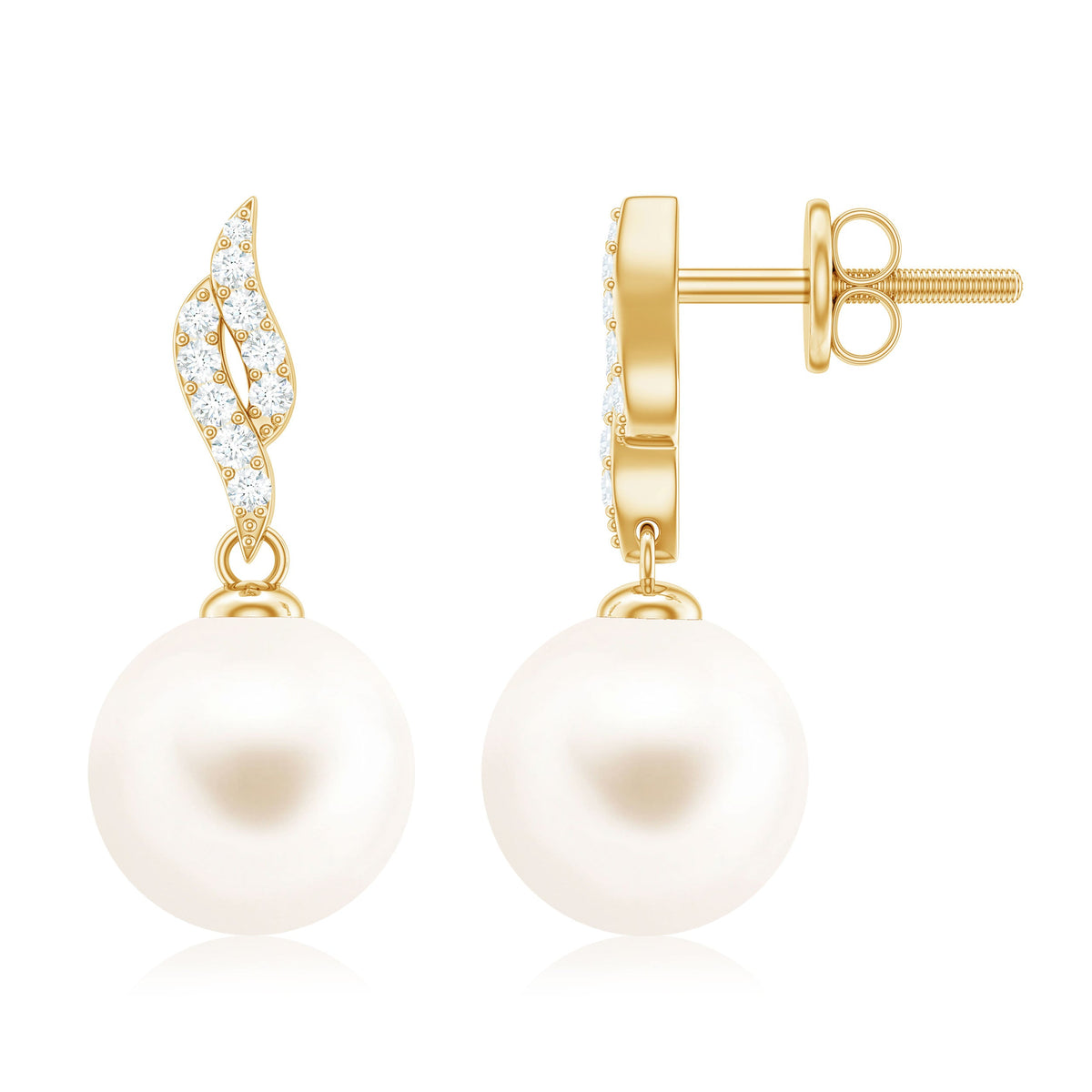 14.9 carat genuine freshwater pearl and diamond drop earrings by Rosec Jewels featuring elegant design and certificate of authenticity.