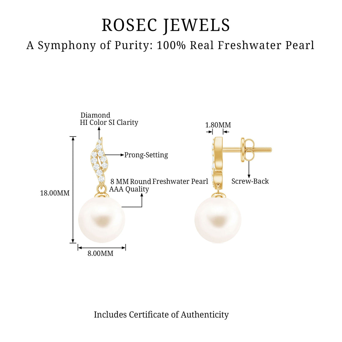 14.9 carat genuine freshwater pearl and diamond drop earrings by Rosec Jewels featuring elegant design and certificate of authenticity.