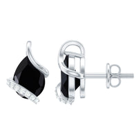 1.2 Carat Natural Black Spinel Teardrop Stud Earrings with Diamond