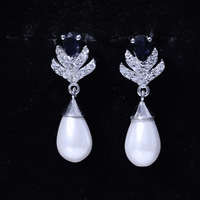 Freshwater Pearl and Blue Sapphire Teardrop Earrings with Moissanite