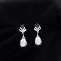 Freshwater Pearl and Blue Sapphire Teardrop Earrings with Moissanite