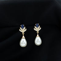 Freshwater Pearl and Blue Sapphire Teardrop Earrings with Moissanite
