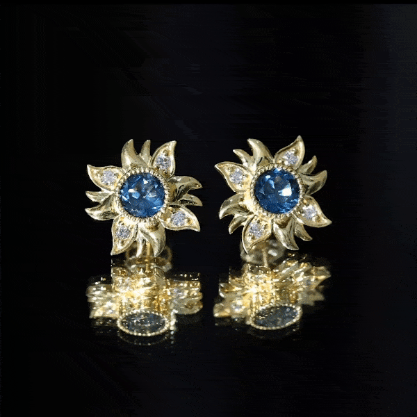 Yellow gold flower stud earrings featuring London Blue Topaz and diamond accents by Rosec Jewels