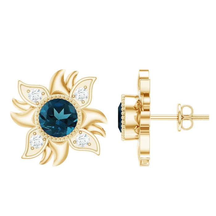 London Blue Topaz and Diamond flower stud earrings by Rosec Jewels, featuring blue topaz gemstones and sparkling diamonds in a floral design.
